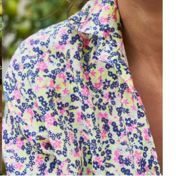 Frank & Eileen Hunter Linen Button Front Shirtdress Neon Floral Size Small - Picture 7 of 16